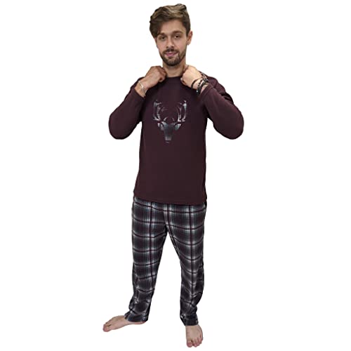 KRUXADER Herren-Pyjama-Set, warm, Fleece, Loungewear, Winter, PJ's Pyjama-Sets, Burgunderrot Hirsch, L von KRUXADER