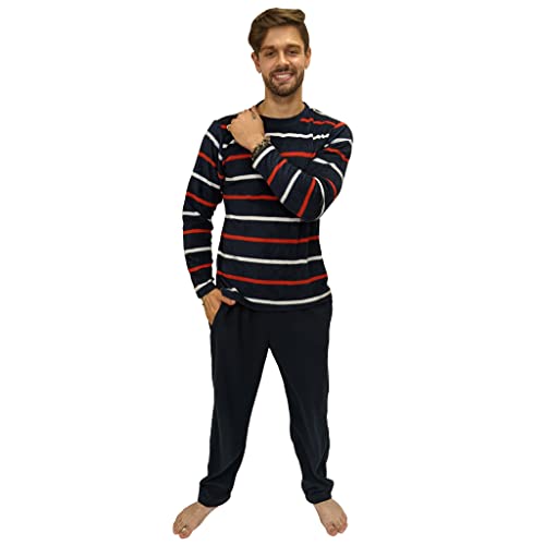 KRUXADER Warmes Fleece-Schlafanzug-Set für Herren, gestreift, Größe S-6XL, Navy Hamilton, XXL von KRUXADER