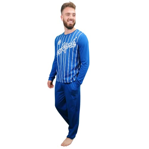 KRUXADER Herren-Schlafanzug-Set | 100 % Baumwolle | mit Hose und langärmeligem Oberteil | elastischer Bund und Kordelzug, Nyc Blau Weiß, XXL von KRUXADER