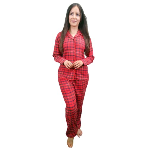 KRUXADER Damen-Schlafanzug, weiche Baumwolle, gebürstetes Flanell, kariert, langärmeliges Shirt, Festliches rotes Schottenkaro, 48 von KRUXADER