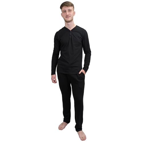KRUXADER Herren-Pyjama-Set, 100 % Baumwolle, mit Hose und langärmeligem Oberteil mit 3 Knöpfen, elastischer Bund und Kordelzug, Dapper Black, M von KRUXADER