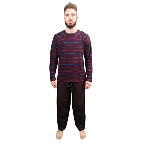 KRUXADER Herren-Pyjama-Set, warm, Fleece, Loungewear, Winter, PJ's Pyjama-Sets, Burgunderrot gestreift, L von KRUXADER