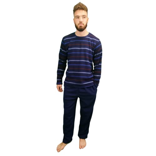 KRUXADER Herren-Pyjama-Set, warm, Fleece, Loungewear, Winter, PJ's Pyjama-Sets, Marineblau gestreift, L von KRUXADER