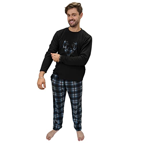 KRUXADER Herren-Pyjama-Set, warm, Fleece, Loungewear, Winter, PJ's Pyjama-Sets, Schwarzer Hirsch, L von KRUXADER