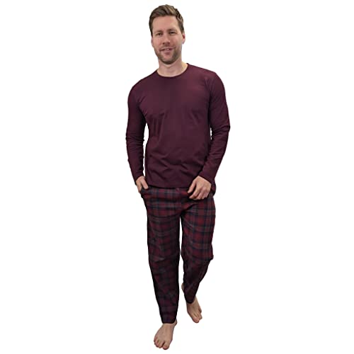 KRUXADER Herren-Schlafanzug-Set | 100 % Baumwolle | mit Hose und langärmeligem Oberteil | elastischer Bund und Kordelzug, burgunderfarben, XXL von KRUXADER