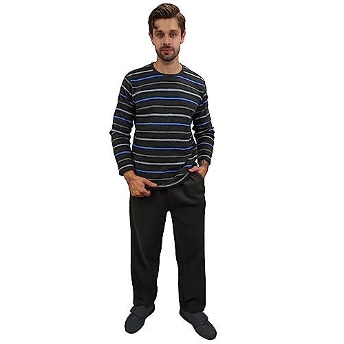 KRUXADER Herren Schlafanzug-Set, gestreift, aus warmem Fleece, Dunkelgrau gestreift, L von KRUXADER