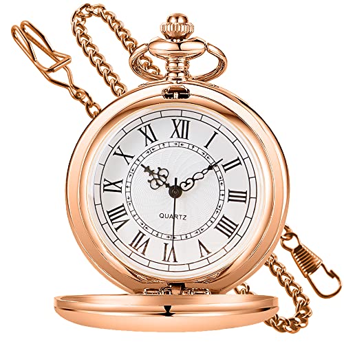 KRXSOBNV, Klassische glatte Stahl mit Kette Römische Zahlen Männer Frauen Taschenuhren Anhänger Geburtstagsgeschenk Vatertag,Taschenuhren(Rose Gold) von KRXSOBNV