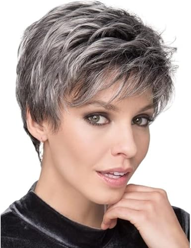 Kurze graue Perücke Pixie Cut Perücke für weiße Frauen gemischte graue Perücken für ältere Damen natürlich aussehende geschichtete Perücke hitzebeständige synthetische Perücke von KRYLL