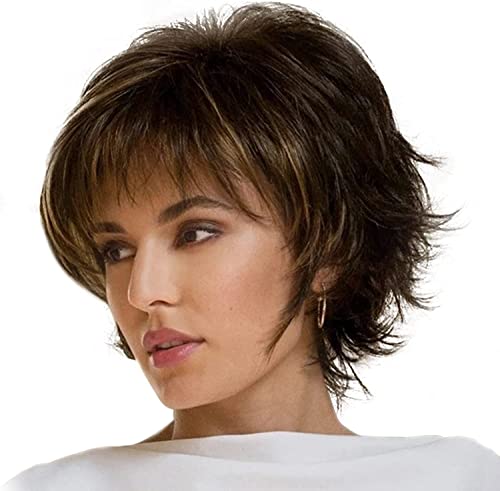 Kurzhaarperücken mit Fransen Wellige Stufenhaarperücke Hitzebeständig Synthetikblond Gemischt Schwarz Braun Naturfarben für Damen Für den täglichen Gebrauch von KRYLL