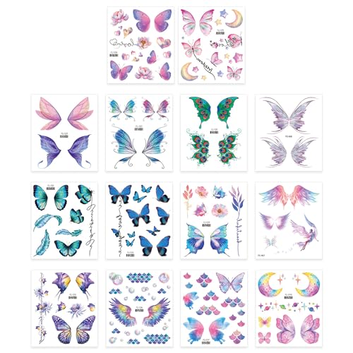 14 Stück Schmetterling-Tattoo-Aufkleber, Gesichts-Tattoo-Papier, temporäre Tattoo-Aufkleber, Prinzessin-Tattoo-Aufkleber, leuchtende Tattoo-Aufkleber, Kinder-Tattoo-Aufkleber von KRYMSON