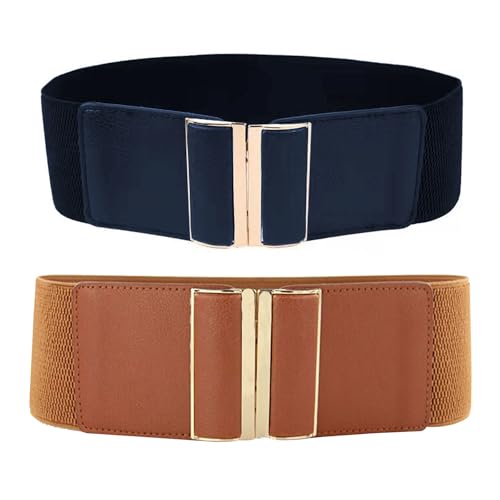 KRYMSON 2 Breite Damengürtel, Modische Gürtel, Elastische Taillenbänder, Verstellbare Gürtel, Klassische Ziergürtel Für Kleider, Jeans Und Formelle Kleidung (Camel, Dunkelblau) von KRYMSON