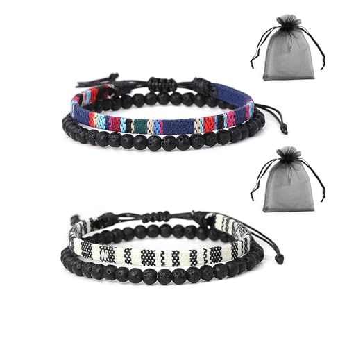 KRYMSON 2 Stück geflochtene Armbänder und 2 Stück zinnoberrote Taschen, Boho-Armbänder, Perlenarmbänder, Sommer-Surfer-Armbänder, Stoffarmbänder, Strandarmbänder, tibetische Armbänder von KRYMSON