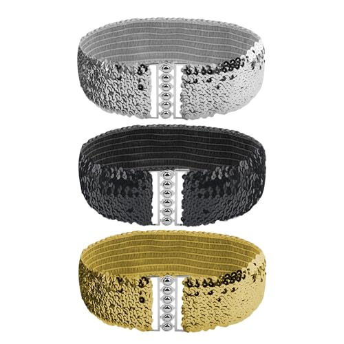 KRYMSON 3 Stück Elastische Paillettengürtel, Damen-Schnallengürtel, Spiegel-Paillettengürtel, Retro-Glitzergürtel, Personalisierter Damengürtel von KRYMSON