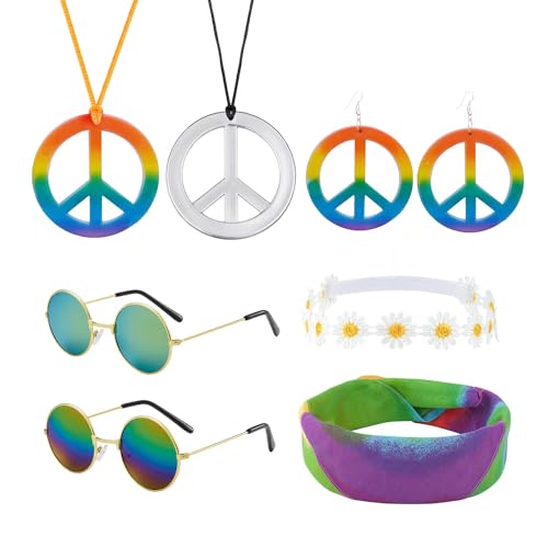 KRYMSON 7-Teiliges Buntes Hippie-Zubehör-Set, Hippie-Kinder-Accessoires, Party-Zubehör-Set, Karnevals-Kleidungszubehör, 60er-, 70er-, 80er-Jahre-Kleidungszubehör von KRYMSON