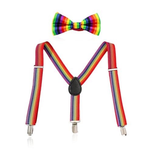 KRYMSON Set aus 2 Regenbogen-Fliege-Hosenträgern, verstellbaren Hosenträgern, elastischen Hosenträgern, Herren-Kinder-Hosenträgern, Regenbogen-Streifen-Fliege von KRYMSON