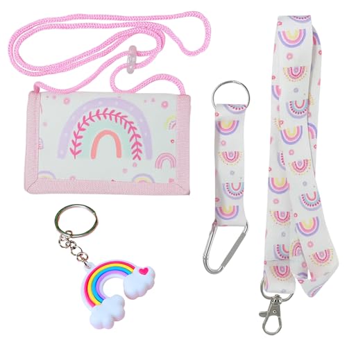 Kinder Geldbörse Set mit Regenbogen-Design, Brustbeutel mit Lanyard, Schlüsselanhänger, Rosa-Mint von KRYMXAR