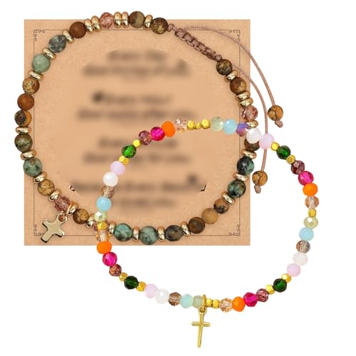 Kreuzarmband, 2 Stück Halbedelstein Armband mit Kreuzanhänger, Geschenk zur Firmung oder Taufe, Längenverstellbar 28 cm von KRYMXAR