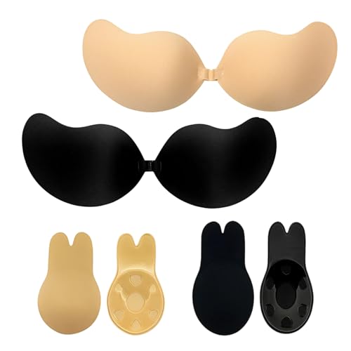 Silikon BH Selbstklebend, 4 Paar BH Abendkleid Rückenfrei, Klebe BH Push Up für Damen, Unsichtbar Trägerloser BH für Rückenfreie Kleider, Hochzeiten und Partys, AB Cup Größe in Schwarz und Hautfarbe von KRYMXAR