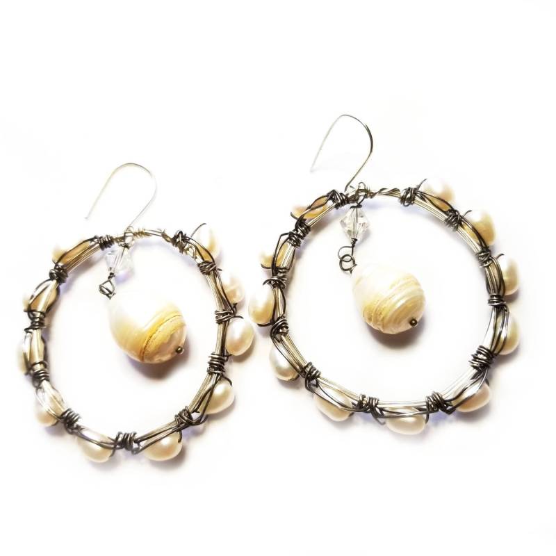 Jahrgang Geschmack Süßwasser Perle Creolen, Oxidierte Sterling Silber Ohrringe, Großes Geschenk Für Sie von KRulez