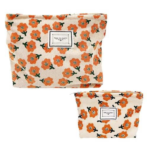 2 Stück Reise-Kulturbeutel, Multifunktionale Kosmetiktasche, Handtasche Kleine Kosmetiktasche, Damen-Kosmetiktasche, Cord-Kosmetiktasche, Blumenmuster(Orange) von KSBBHDS