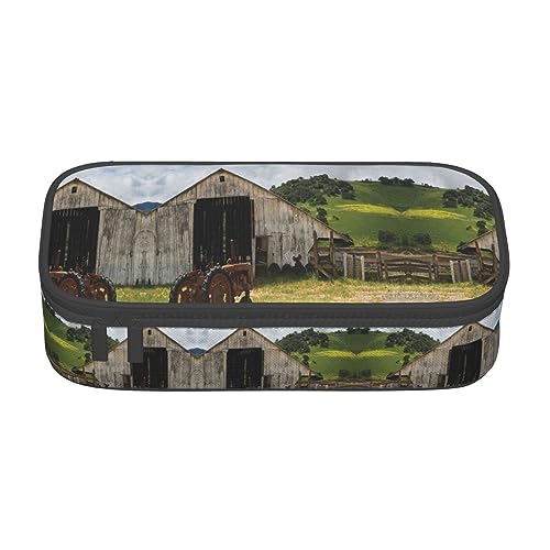 KSEFXXPKA Old Wooden Barn with Rusted Tractor Print Pencil Case Spacious Oxford Cloth Storage with Multiple Compartments, Schwarz , Einheitsgröße, Kinderrucksack von KSEFXXPKA
