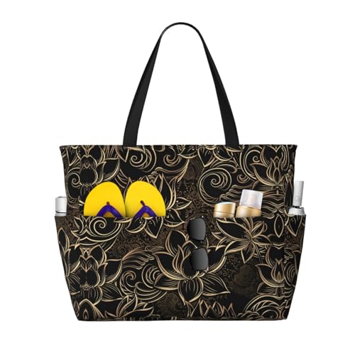 KSEFXXPKA Strand-Reisetasche, Boho-Stil, goldfarben, Lotusblumen-Druck, große Kapazität, Schultertasche, Schultertasche, für Fitnessstudio, Reisen, Boho Gold Lotus Blumen, Einheitsgröße von KSEFXXPKA