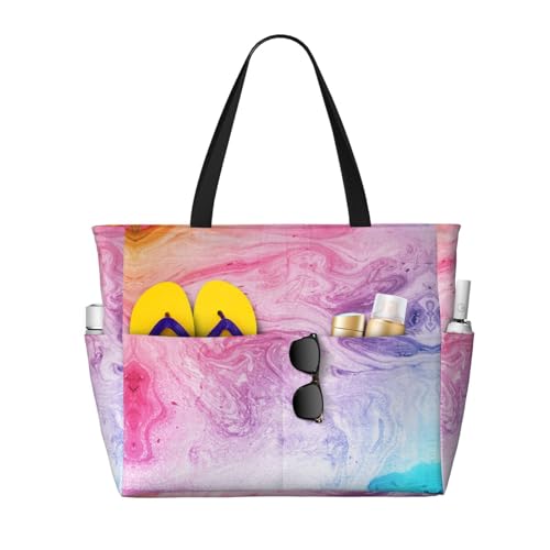 KSEFXXPKA Strand-Reisetasche, Schultertasche mit Muschelmotiv, Motiv: Sonnenuntergang über dem Meer mit Muschelmotiv, für Fitnessstudio, Reisen, Bunte Marmor-Pastell-Pink, Blau, Violett, Einheitsgröße von KSEFXXPKA