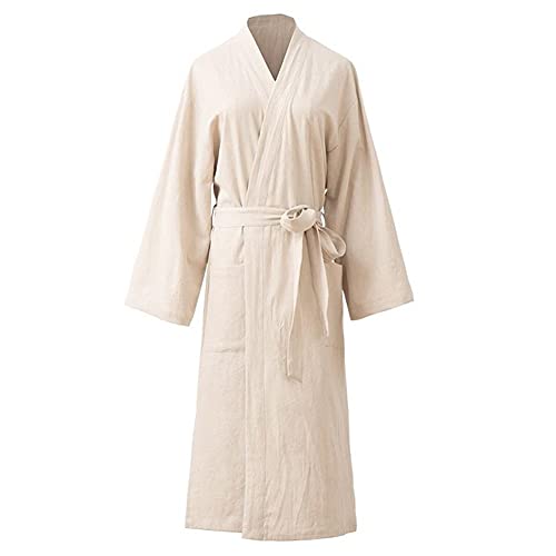 Bademäntel Damen Baumwolle Leinen Kaftan Schlafrobe Kimono Kleid Heimkleidung (Color : Beige, Size : XL) von KSFBHC