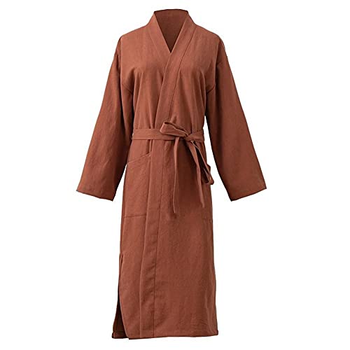 Bademäntel Damen Baumwolle Leinen Kaftan Schlafrobe Kimono Kleid Heimkleidung (Color : Brick red, Size : XL) von KSFBHC
