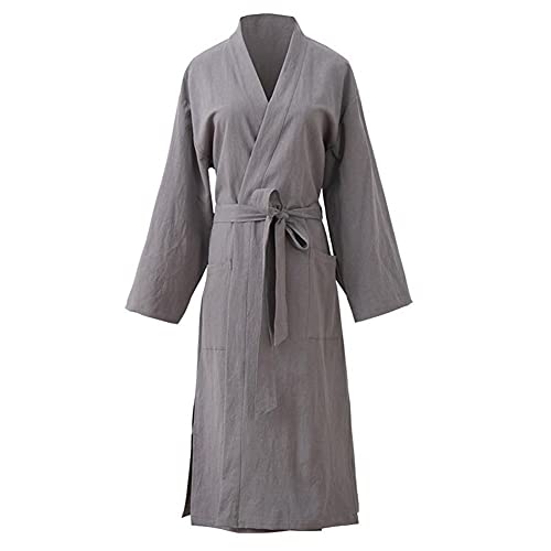 Bademäntel Damen Baumwolle Leinen Kaftan Schlafrobe Kimono Kleid Heimkleidung (Color : Grey, Size : M) von KSFBHC