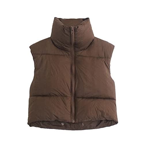 KSFBHC Westen For Frauen Cropped Sleeveless Jacket Herbst High Neck Reißverschluss Westen Winter Gepolsterte Weste (Color : Brown, Size : M) von KSFBHC