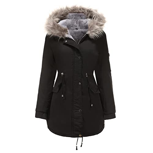 Parka Mantel Damen Baumwollgepolsterte Kleidung Mittellange Mit Kapuze Winter Warme Fleece-gesäumte Baumwollgepolsterte Jacke (Color : Black, Size : M) von KSFBHC