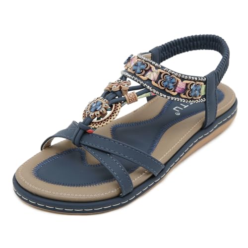 KSHUN Damen-Sandalen, Bohemia, Perlen, offene Zehen, flache Sandalen, Sommer, bequem, Strandsandalen, Marineblau, 39 EU KSHUN Damen-Sandalen, Bohemia, Perlen, offene Zehen, flache Sandalen, Sommer, bequem, Strandsandalen, Marineblau, 39 EU von KSHUN