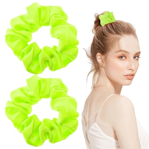 KSJEHW 2 Stück Neon Haargummis Scrunchie Große Damen Haargummis Elastisches Haarbänder Pferdeschwanzhalter für Damen und Mädchen Cheerleading Party Outfits Grün von KSJEHW