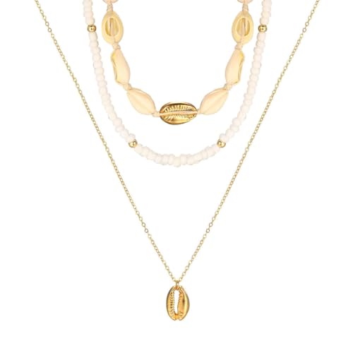KSJEHW 3 Stück Muschel Halskette Natürliche Muschelketten Muschel Halsketten Armband Halskette Damen Edelstahl Kette Damen Schlangenkette Stapelbar Halskette Damen Gold von KSJEHW