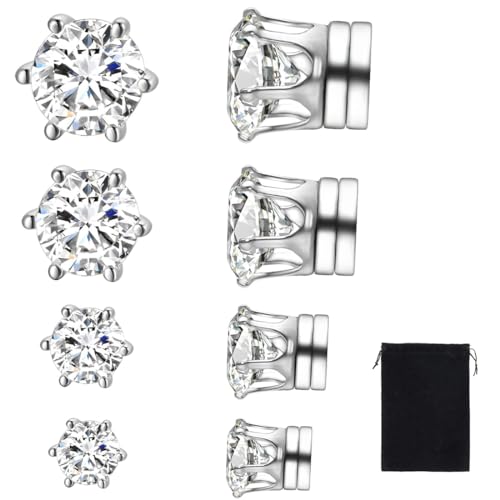 KSJEHW 4 Paar Ohrringe Set Edelstahl, Allergiefreie Ohrstecker Männer magnetische Ohrringe Creolen Zirkonia Ohrstecker Set Fake Plugs Ohrschmuck Hoop Piercing für Herren Damen Unisex Silber von KSJEHW