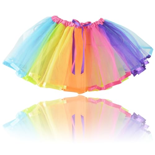 KSJEHW Damen Kurz Retro Rock Hohe Taille Tutu Rock Tüllrock Petticoat 50er Tutu Unterrock Tütü Crinoline Minirock Reifrock Unterrock Kleid Tüll Underskirt（Regenbogenfarben von KSJEHW