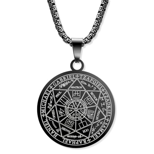 KSJEHW Halskette Herren 7 Erzengel Siegel Medaille Talisman Halskette für Männer Frauen Edelstahl Pentagramm Talisman Anhänger Amulett Magische Schutzkette Männlicher Schmuck Glücksbringer(schwarz) von KSJEHW