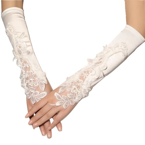 KSJEHW Lange Damen Opernhandschuhe - Spitze Satin Hochzeit Braut Schwarze Fingerlose Tanzhandschuhe - Party Stretch Ausgefallene Weihnachten Halloween 1920er Jahre（Weiß） von KSJEHW