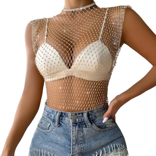 KSJEHW Mesh Kristall Top Festival Outfit Strasssteine Fischnetz ausgehöhltes Tank Top glitzerndes Körper Accessoire für Frauen und Mädchen(Weiß, M) von KSJEHW