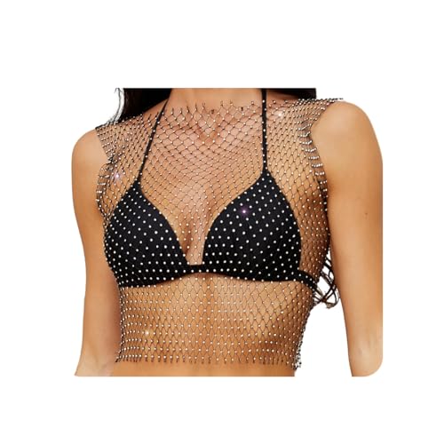 KSJEHW Mesh Kristall Top Festival Outfit Strasssteine Fischnetz ausgehöhltes Tank Top glitzerndes Körper Accessoire für Frauen und Mädchen von KSJEHW