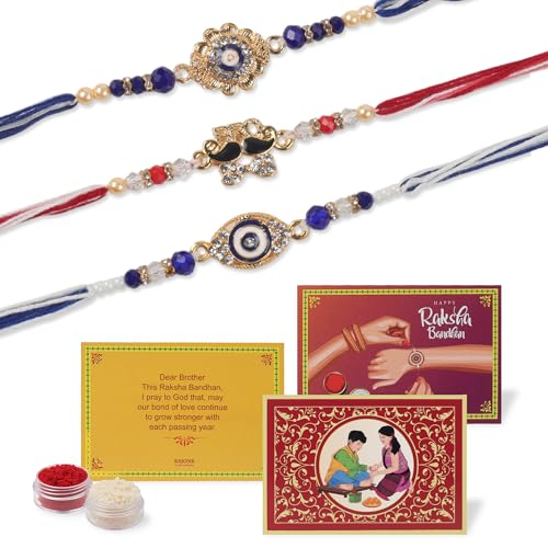 KSJONE 3er-Set Rakhi für den Bruder mit Geschenkset, Rakhi für den Bruder mit Karte, Roli Chawal | Rakhi für den Bruder und Bhabhi | Rakhi-Geschenkkorb für den Bruder | Rakhi für Kinder von KSJONE