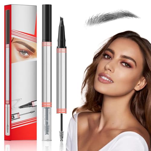 2In1 Augenbrauenstift mit Gel, 2Stück Microblading Augenbrauenstift mit 4 Gabelspitzen, 2-in-1 Brow Pen and Sealing Brow Gel Wasserfester AugenbrauenStift Magischer Eyebrow Pencil (#04Black) von KSKAN