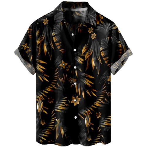 Hawaii Hemd,Herren-Hawaii-Hemd Tropische Pflanzen Bedrucktes Hemd Leichtes Sommer-Hemd Kurzärmliges T-Shirt Schwarz Lässige Sport-Hemden Kunst Florales Aloha-Party-Strand-Oberteil M von KSKAN