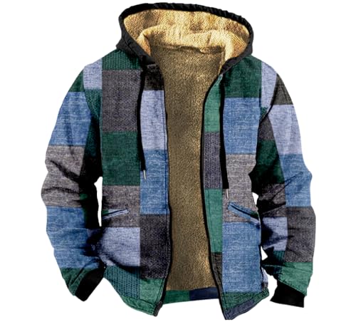 Herren Fleecejacke Mit Kapuze Und Durchgehendem Reißverschluss Vintage Holzfällerjacke Mit Kapuze Blauer Karo Patchwork Mantel Mit Borg Sherpa Fleece Gefütterte Jacke Hippie Große Größe Für S-7Xl S von KSKAN