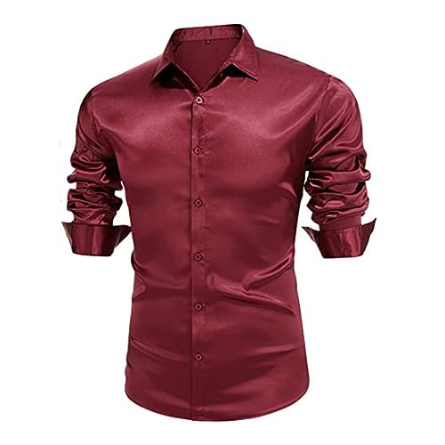 Herren Luxus Satin Hemd glänzende langärmlige Hemden in reinen Farben entspannte Passform Business Hemd für Club Rock Hip Hop Disco Nachtclub Party Hochzeit Burgunderrot M von KSKAN