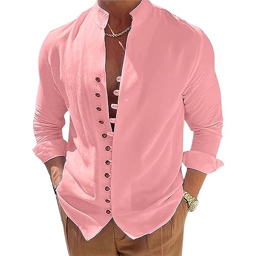 Herren Shirt,Herren Viking Hemd Langärmelig Vintage Schnalle Bequeme Passform Lässiges Business Hemd Stehkragen Button Down Arbeitsanzug Hemden Einfarbig Basic Hemd Pink XL von KSKAN