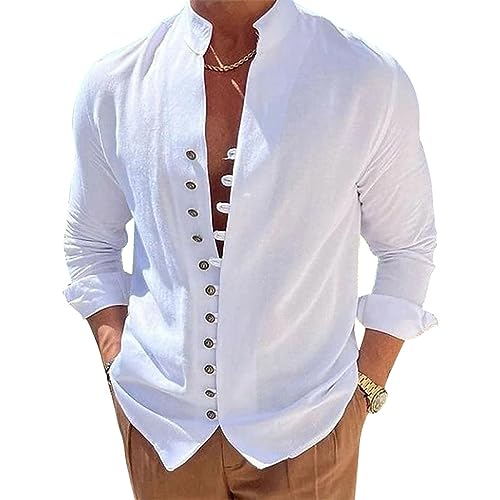 KSKAN Hemd Herren Slim Fit,Herren Viking Hemd Langärmelig Vintage Schnalle Bequeme Passform Lässiges Business Hemd Stehkragen Button Down Arbeitsanzug Hemden Einfarbig Basic Hemd Weiß L von KSKAN