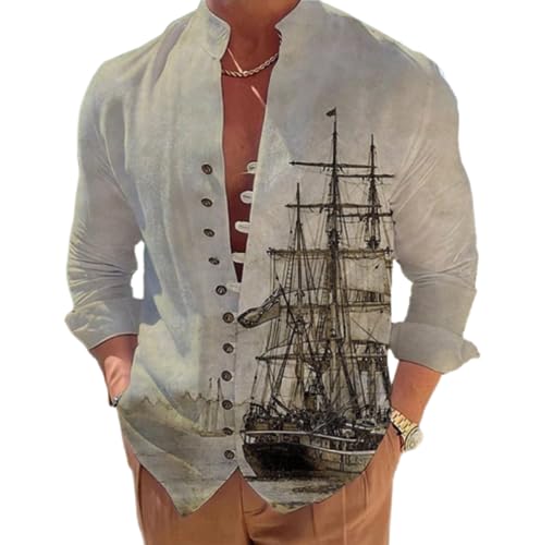 YANQSHM Hemd Herren Slim Fit,Herren Wikinger Hemd Langärmelig Vintage Schnalle Bequeme Passform Lässiges Hemd Mit Segelschiff Muster Stehkragen Button Down Arbeitsanzug Hemden Basic Hemd Braun XXL von YANQSHM