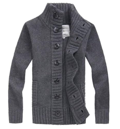 YANQSHM Herren Strickjacke mit Grobem Zopfmuster Traditionelle Jacke Vintage Wikinger Knöpfe Übergangsjacke Lässiger Gerippter Stehkragen Strickmantel für Herbst Und Winter,Grau,L von YANQSHM